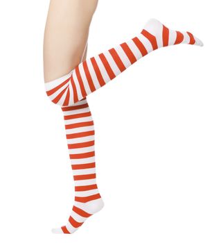 woman legs in color red socks isolated on white.