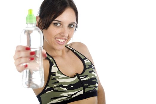 A sexy young hispanic woman wearing a gym outfit, isolated on a white background.