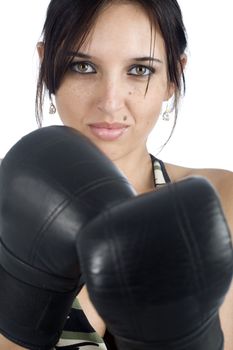 A sexy young hispanic woman wearing a gym outfit, isolated on a white background.