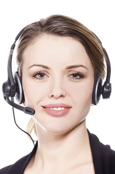 Business woman with headset - isolated over a white background