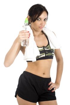 A sexy young hispanic woman wearing a gym outfit, isolated on a white background.