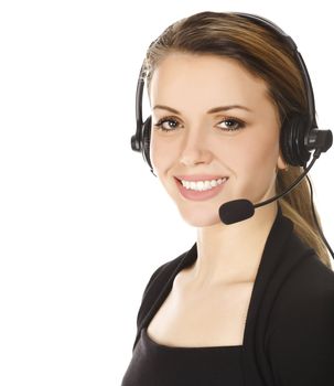 Business woman with headset - isolated over a white background.