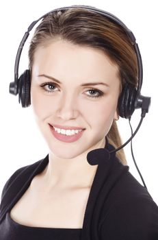 Business woman with headset - isolated over a white background..