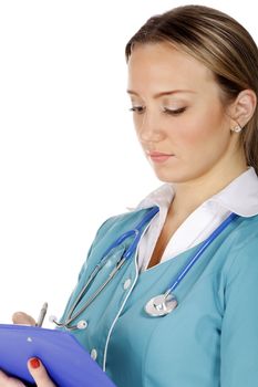 Female doctor holding a clipboard, isolated over white background