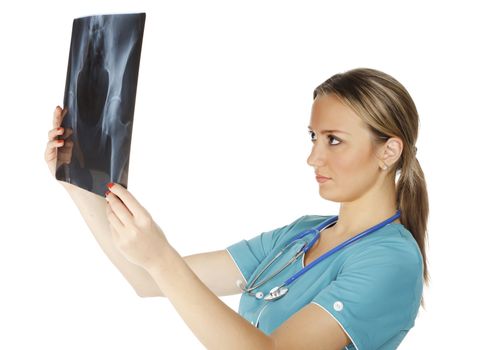 Female doctor checking xray image, isolated on white background.