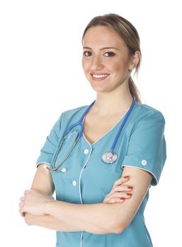 Woman doctor posing against white background