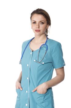 Woman doctor posing against white background
