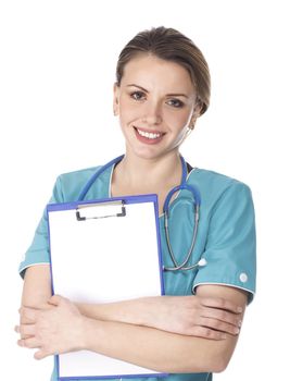 Happy smiling female doctor with clipboard, isolated on white background