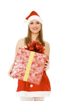 Cheerful santa helper girl with gift box. Isolated over a white background