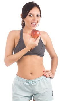 A sexy young hispanic woman wearing a gym outfit, isolated on a white background.