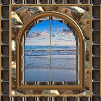 gothic or science fiction window looking onto a beautiful beach