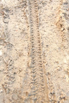 motorcycle tire tracks imprinted in the wet sand