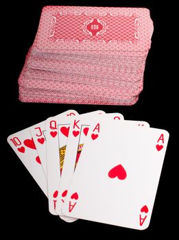 A royal straight flush playing cards poker hand in hearts