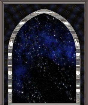 gothic or science fiction window looking into space or starry night sky