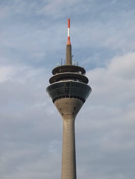 Duesseldorf Rheinturm telecommunications tower over blue sky