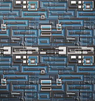 a large abstract image of pipes and machinery in blue and grey