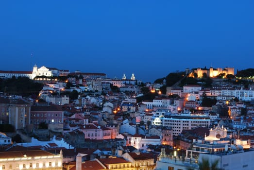 beautiful nightscape view of Lisbon (Castle of Sao Jorge, Cathedral and Pantheon)