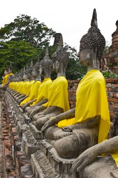 Row of Sacred Buddha images in Ayutthaya, Thailand