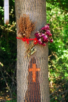 symbols of orthodox serbian church on tree trunk, cross and flowers