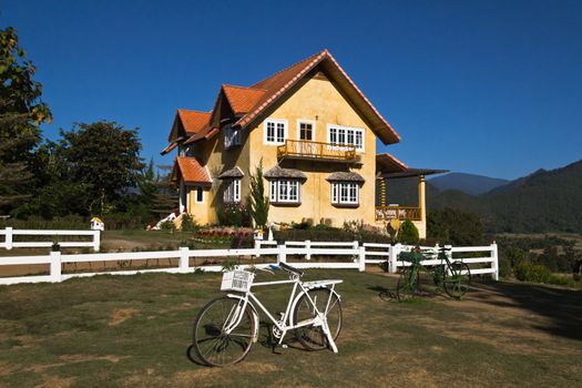 Yellow classic house on hill in pai district maehongson thailand