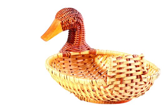 Decorative wattled basket in the form of a duck on a white background.