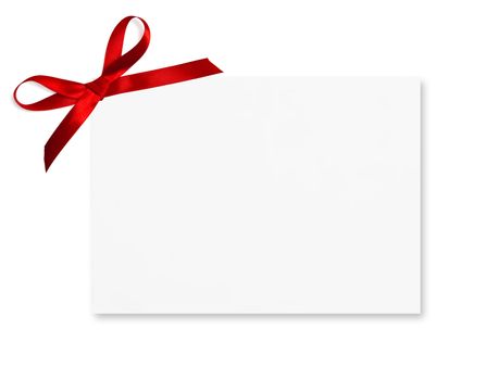 Gift card tied with a bow of red satin ribbon. Isolated on white background

