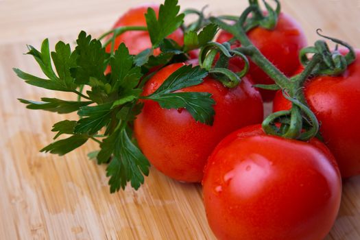 Close-up of parsley and fresh tomatoes branch on wooden board