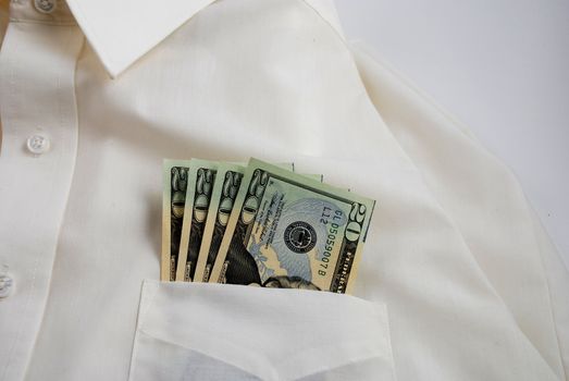  pictures of several twenty dollar bills in the pocket of a shirt