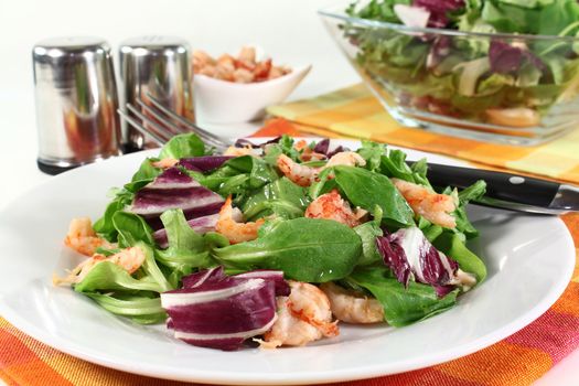 mixed, colorful salad with crayfish on a white background