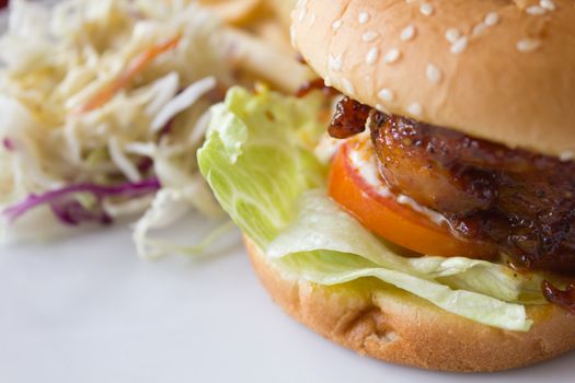 Chicken burger with tomato cucumber lettuce over white