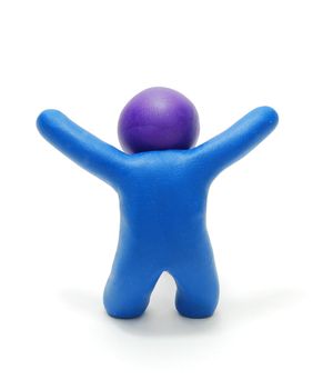 3D Blue Plasticine Man Figure Rising Hands Up Showing Success Isolated on White Background