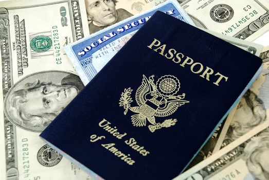 social security card, a passport and several dollar notes