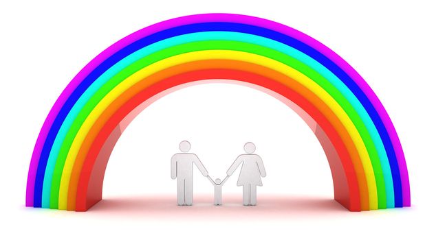 Parents with a kid under rainbow. 3d objects isolated on the white background.