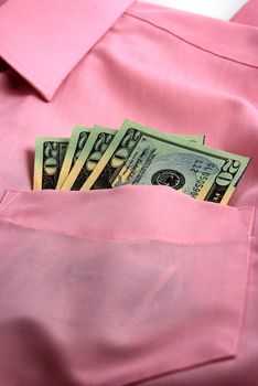  pictures of several twenty dollar bills in the pocket of a shirt