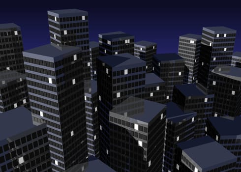 Illustration of city blocks over a gradient blue background