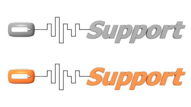 modern computer mouse connected to the word Support via digital waveform cable - mouse and word both in grey and orange