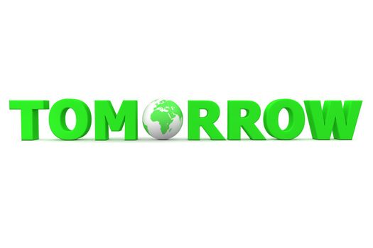 green word Tomorrow with 3D globe replacing letter O