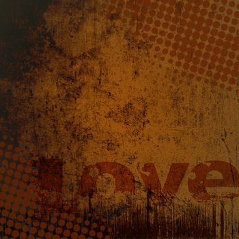 Dirty looking grunge background with faint outline of love wording and copy space