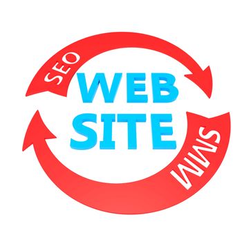 Red arrows with words "SEO" and "SMM" around website 