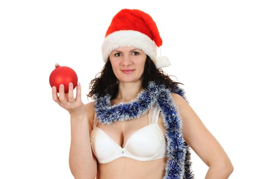 woman santa claus with ball isolated on white background