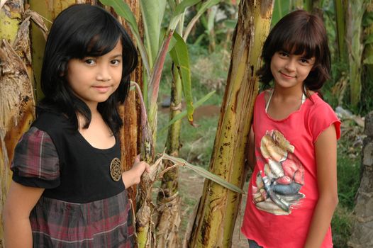 two little girl stand up beside the tree in park