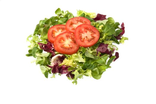 Isolated green salad with tomatoes slices.