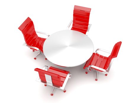 Red office armchairs and round table