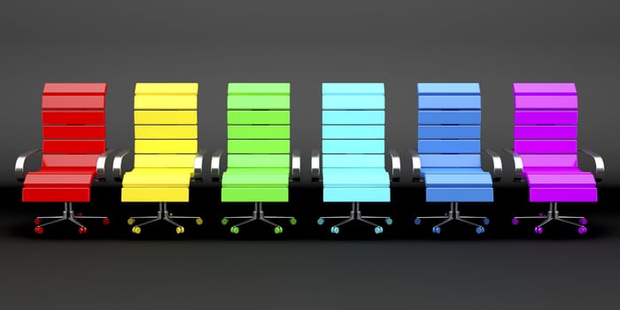 Unique colorful armchairs in a row