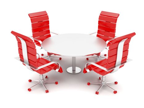 Office armchairs and round table on white background
