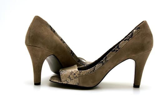 Elegant female shoes with a high heel on a white background.