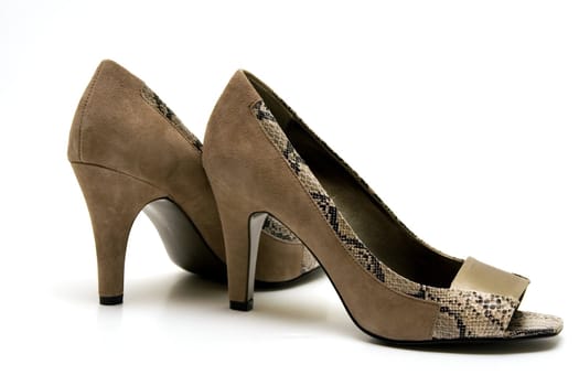 Elegant female shoes with a high heel on a white background.