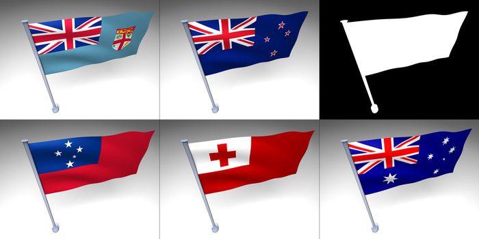 Five Oceania flags on a pole with alpha channel