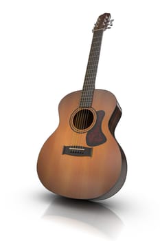 3D rendered acoustic guitar with reflection on white ground.