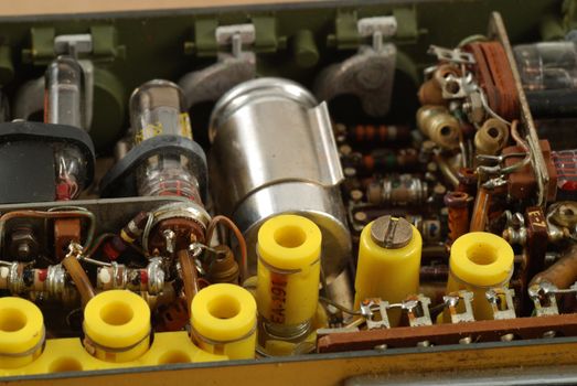 interior of a vintage radio transmitter showing the different old and bulky components used